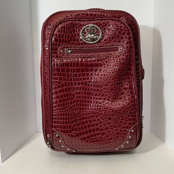 Kathy Van Zeeland Croco PVC Designer Luggage Bag Expandable Burgundy 22” - Picture 1 of 16